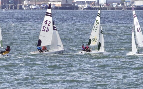 Haley Lhamon courtesy photo
Bainbridge sailors in boats 41 and 42 try to keep their team’s lead.