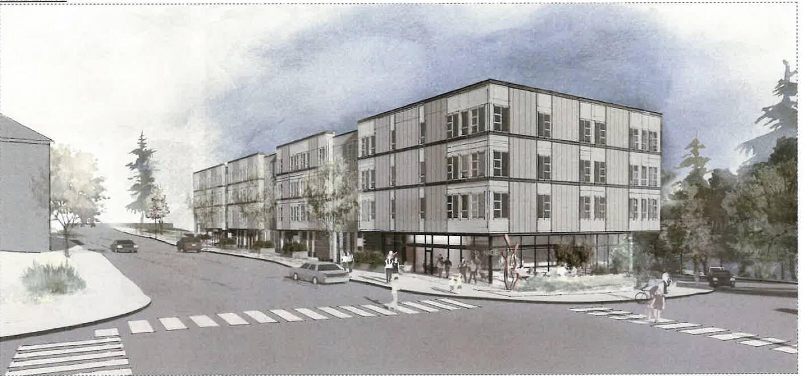 Runberg Architecture Group courtesy image
Rendering of the proposed affordable housing project at 625 Winslow Way E.