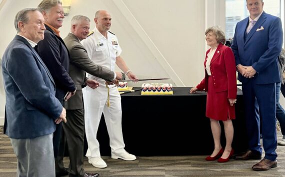 Britney Fletcher-West/Kitsap News Group photos
(left to right) Retired U.S. Navy Capt. George Bieda, Bremerton Mayor Greg Wheeler, retired Master Chief Petty Officer Rick D. West, Rear Adm. Christopher A. Nash, Bremerton-Olympic Peninsula Council president of the U.S. Navy League Patty Lent, and Pastor Peter Voorhees of City Chapel of Bremerton attended the U.S. Navy’s 250th birthday celebration at the Puget Sound Navy Museum in Bremerton Sept. 26.