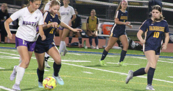 Luke Caputo/Kitsap News Group photos
Spartan Eliza Jurcak and Viking Brooke Keyser fight for the ball during a 1-0 Bainbridge home win over North Kitsap Oct. 2.
