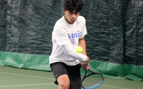 Luke Caputo/Kitsap News Group photos
Olympic Trojan Jonah Pantig won the 2A WCD singles championship in a 6-1, 6-3 victory over Bremerton Knight Joseph Cao Oct. 31 at the Kitsap Tennis & Athletic Center.