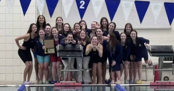 Krista Pal courtesy photo 
The Bainbridge High School girls swim team celebrates its first-place finish in the 2A West Central District Championships Nov. 8 at the Curtis Aquatic Center in Tacoma.