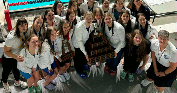 Krista Pal courtesy photo
The Bainbridge Spartans girls swim team celebrates their first-place finish at the 2A state meet Nov. 15 at the King County Aquatic Center in Federal Way.