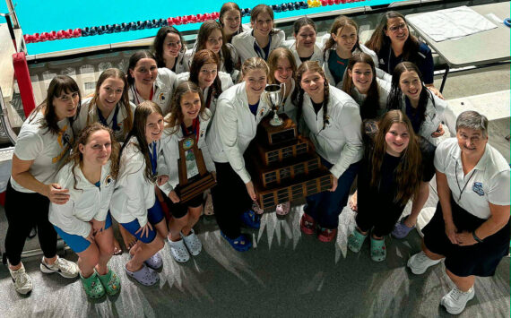 Krista Pal courtesy photo
The Bainbridge Spartans girls swim team celebrates their first-place finish at the 2A state meet Nov. 15 at the King County Aquatic Center in Federal Way.