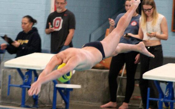 Luke Caputo/Kitsap News Group photos
Spartan Bradley Roloff dives into the water during a 125-31 Bainbridge home win over the Bremerton Knights Dec. 5.