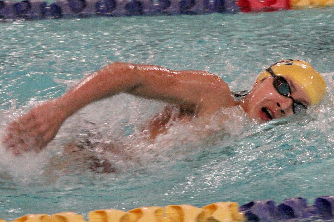Spartan Romy Greer competes in the 400-yard freestyle relay in a 125-31 Bainbridge home win over the Bremerton Knights Dec. 5.