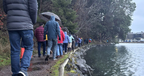 Molly Hetherwick/Kitsap News Group photos
King tide walk attendees stroll along the Waterfront Trail Dec. 8, next to an unusually high water level.