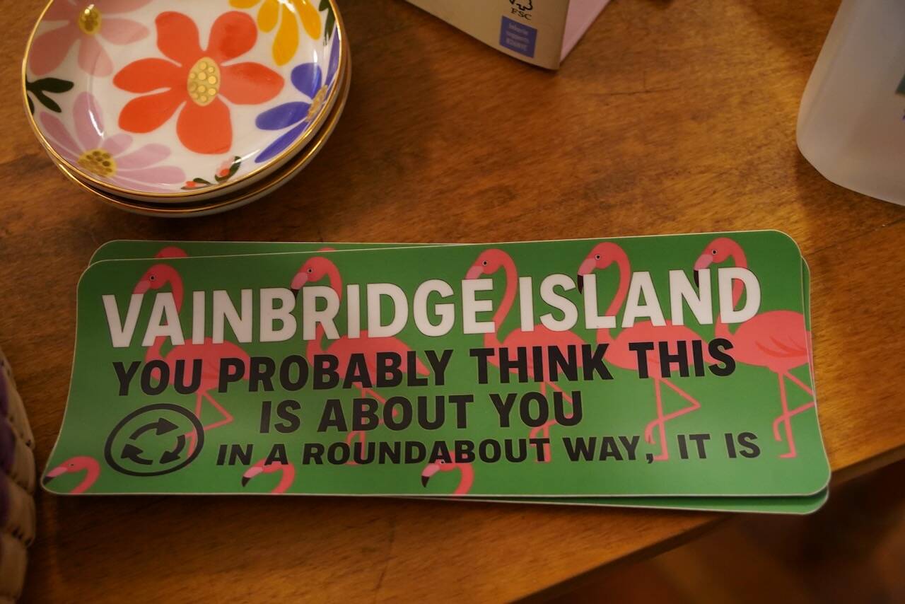 Flamingo bumper stickers at Eagle Harbor Books.