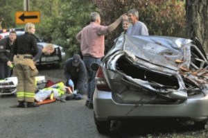 A Honda fit was mangled by a falling tree on Battle Point Drive Tuesday afternoon. The driver was transported to Harrison Hospital as a precaution.