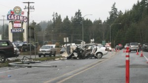 A vehicle involved in a Monday morning crash near the Clearwater Casino sits in the southbound lane of Highway 305.