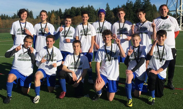 The Bainbridge Island Football Club’s U18 boys team gathers for a photo after their big win over Jefferson County SC.