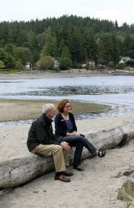 Old friends Phil Rockefeller and Christine Rolfes enjoy some down time during a bridge groundbreaking event in Kingston.