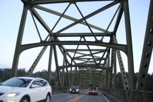 Vehicles cross the Agate Pass Bridge between Bainbridge Island and the Kitsap Peninsula.