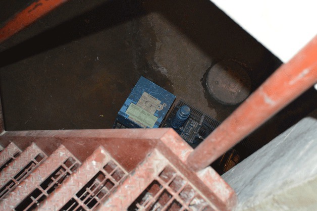 Water lurks by the emergency generator in the electrical room of the BHS 100 Building.