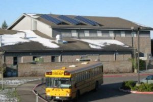 Sakai Intermediate School's solar panels can be seen on the roof.