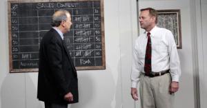 Brian Danzig and Chip Wood are desperate veteran salesman Levene and officious office manager Williamson in Swinging Hammer Productions’ “Glengarry Glen Ross.”