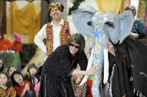 Island School teachers Nancy Leedy and Mike Derzon take part in “Six Blind Women and the Elephant” as part of the opening ceremony for the school’s month long cultural study on India and its culture.