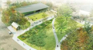 This overhead views shows the design of the park looking toward Waterfront Park Community Center (not shown). At the top of the image is the new proposed facility for Bainbridge Island Rowing Club.