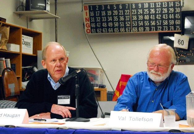 Dick Haugan and Val Tollefson square off at the first candidate forum of the elections