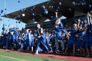 Graduating seniors of the Class of 2015 toss their caps at the close of Saturday’s commencement ceremony.
