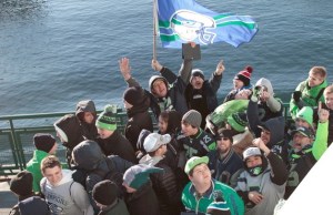 Seahawks fans jammed ferries from Bainbridge on the celebration day for the Super Bowl champion Seattle Seahawks.
