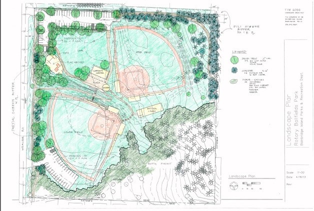 The landscaping plan for Rotary Park improvements shows the new layout for the two baseball fields.