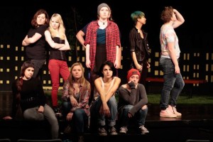 Some of the cast of the Bainbridge High School theater’s reimagined production of William Shakespeare’s “Romeo and Juliet” on stage during a recent practice session.