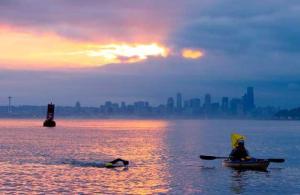Swimmers and kayakers make their way around Bainbridge during last year's annual Around the Island Relay Swim event