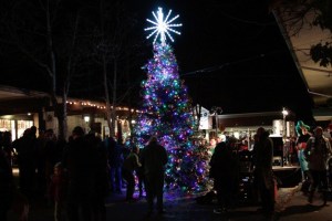 A festive crowd gathers around the Christmas tree in Winslow during the annual tree-lighting ceremony on Saturday.