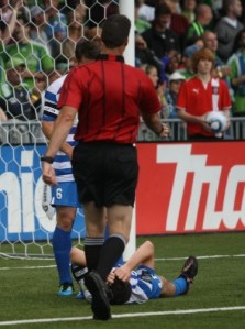 Nik Besagno (on ground) reacts after his close miss in the Kitsap Pumas' 2-1 loss to the Seattle Sounders in a third round U.S. Open Cup match Tuesday at Starfire Stadium in Tukwila.