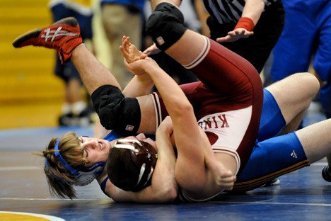 BHS junior Corey Touchette pins Kingston’s Alex Dixon in the Spartans’ double dual against Kingston and Forks. Touchette is 4-0 competing at 171 and wrestled in the 160-pound weight class against West Seattle.