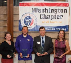 Four members of this year's Class of 2013 inductees to the Washington State Lacrosse Hall of Fame stand with their awards at Saturday's ceremony: Maggie O'Sullivan