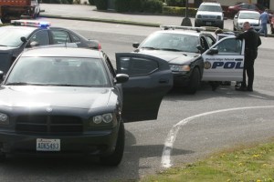 Police talk to a driver in the back of a Bainbridge Police car who was stopped in a stolen car near High School Road Tuesday afternoon.