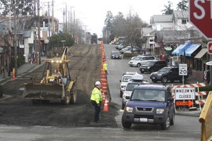 Construction on Winslow Way began Monday with the stripping of pavement on the north travel lane of the road between Ericksen and Madison avenues in preparation for the sewer installation. The west-bound lane and parking on the north side will be inaccessible