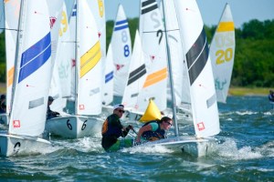 Skipper Blake Bentzen and crew Elizabeth Rolfes lead the pack on a downwind run at the recent 2016 Mallory Trophy regatta at the College of Charleston
