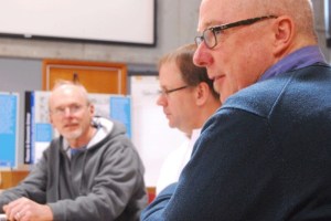 Redesign project manager William Grimes listens as harbor commissioners talk about potential improvements for the makeover of Waterfront Park and city dock.