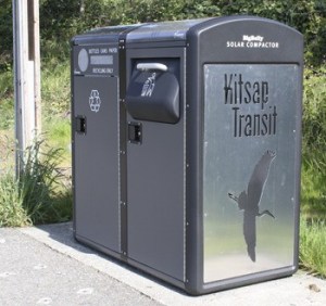 A BigBelly Solar unit is a regular in the Kitsap Transit parking area at the Bainbridge ferry terminal