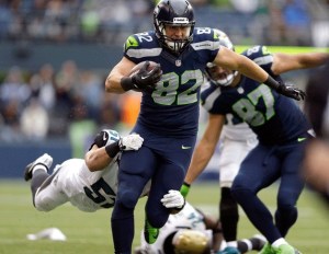 Seattle tight end Luke Willson (82) leaves Jacksonville defenders in his wake in the second half.