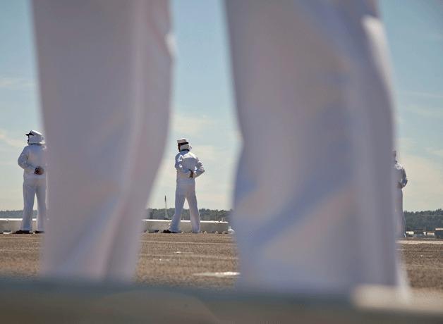 Luciano Marano | Bainbridge Island Review Sailors line the flight deck of USS Essex during the Parade of Ships.