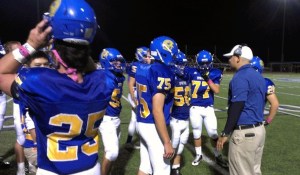 The Spartans try to regroup during Friday night's loss to the Fighting Irish at Bainbridge Memorial Stadium.