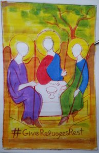 A pillowcase painted by Craig Spencer as part of the #GiveRefugeesRest campaign.