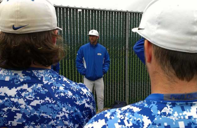 Bainbridge Coach Simon Pollack talks to his team at this weekend's games at Skagit Valley Dream Field.