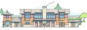 An artists’ rendering shows the outside of the community center.