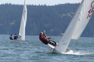 Skipper Sophie Lewis and crew Sophie Crandell take a commanding lead over the competition on an upwind leg during the Islands Cup Regatta.