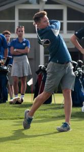 Brooks Lierle tees off on the first hole at Wing Point Golf & Country Club during last week’s match against Bishop Blanchet. The Spartans won 141-72