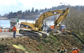 Workers are preparing for the bike improvements at the Bainbridge ferry terminal.