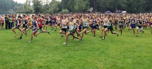 Bainbridge’s Austin Harper leads at the start of Tahoma Relays as the BHS cross country team kicks off its season.