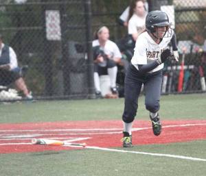 Riley Gregoire takes off for first base during Bainbridge’s first-round Metro tournament win against the Roosevelt Rough Riders.