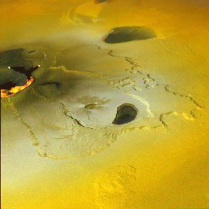 An active volcanic eruption on Jupiter's moon Io was captured in this image taken by NASA's Galileo spacecraft. Tvashtar Catena