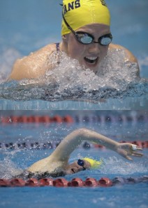 (Top) Tess Harpur comes up for air during the finals of the 100 breaststroke Saturday at the 3A state swim meet at the King County Aquatic Center in Federal Way. She took second place with a time of 57.16